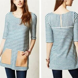 ANTHROPOLOGIE POSTMARK Sapony Striped Tunic Dress with Faux Leather Pockets